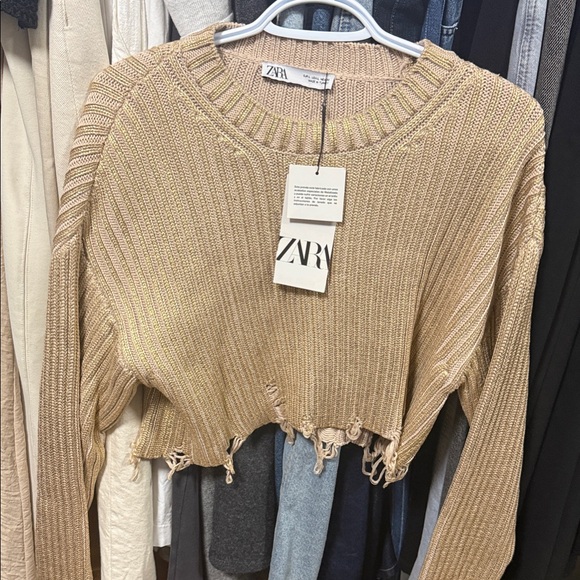 Zara Sweaters - ZARA Cropped Distressed Knit Sweater in Tan